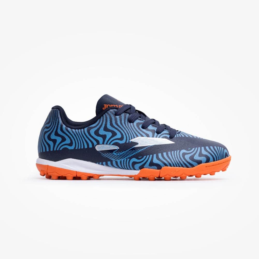 Chuteira de Society Joma Evolution Infantil Azul e Laranja